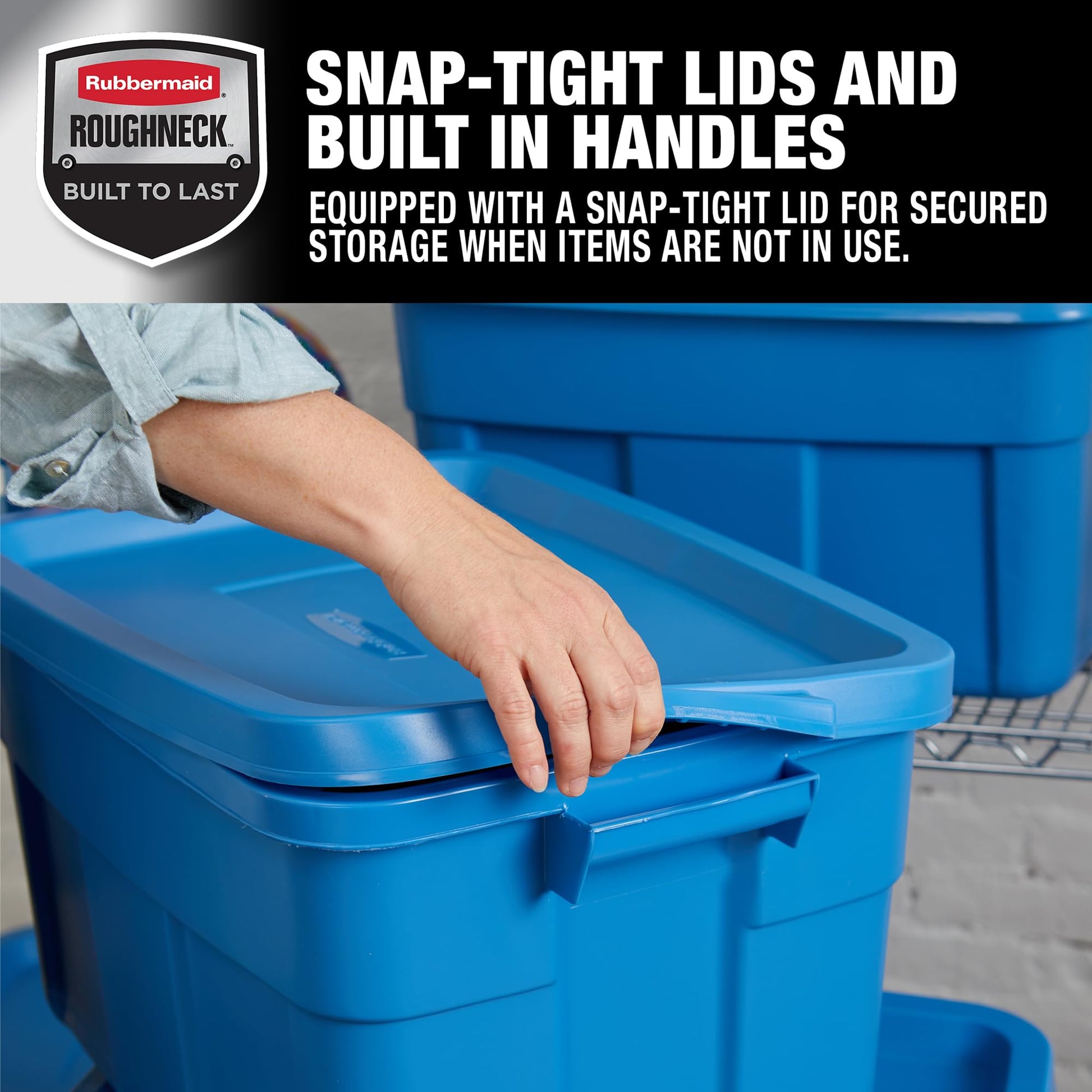 Rubbermaid Roughneck Tote 14 Gal, 6 Pack, Made in USA, Heritage Blue, Rugged Plastic Stackable