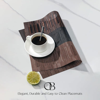 Placemats Set of 12 - Easy Clean Woven Vinyl Placemats for Dining Table, Indoor/Outdoor Place Mats, Washable PVC Table Mats （Ombre Brown Black）