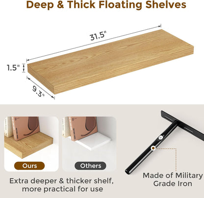 Rustic Wood Floating Shelves 32 Inch Long, 9 Inch Deep Wall Shelves for Home Decor, 32 x 9 Floating Shelf Wall Mounted Set of 2, Deep Floating Shelves for Kitchen, Bedroom, Living Room, Oak Color