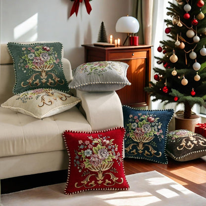 2 Pcs Grey Chenille Vintage Embroidered Throw Pillow Covers 18x18in,Grey Tassel Vintage Pattern Pillow Covers, Floral Embroidered Cushions Covers for Sofa Couch Bed Chairs Car