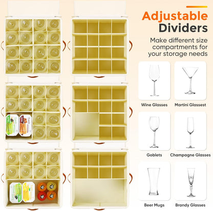 Wine Glass Storage Box with Dividers, 2 Pack Glassware Storage Containers, Stemware Storage Cases Holds 32 Wine Glasses, Stackable Crystal Storage Containers with Clear Cover for Moving，Beige
