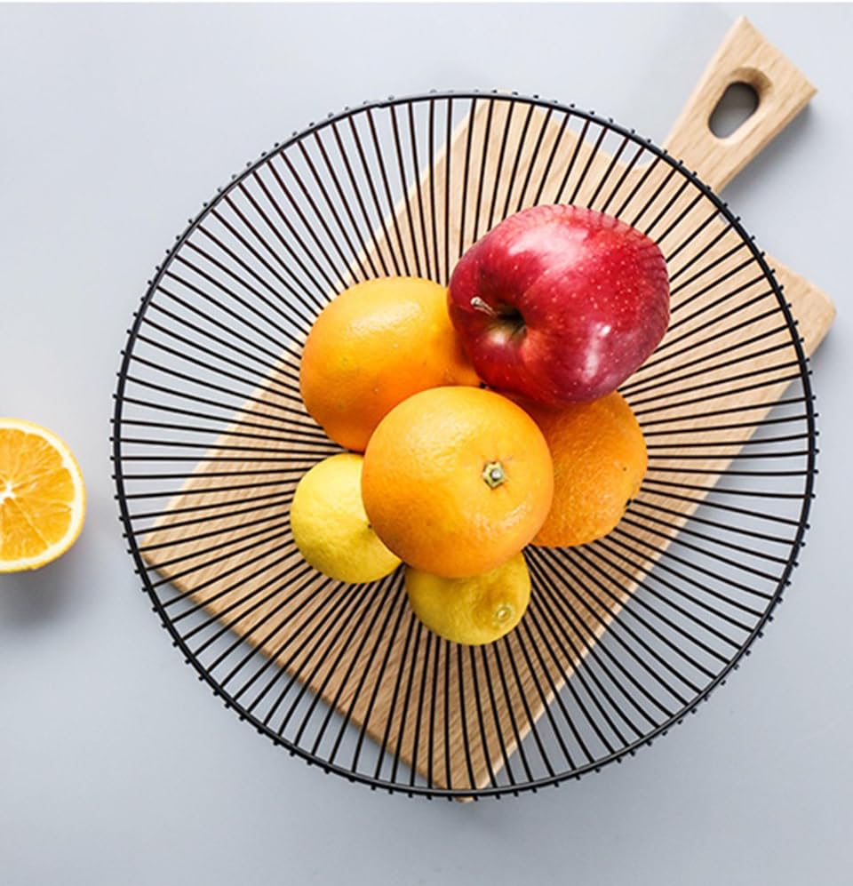 Metal Wire Fruit Basket, Black Fruit Vegetable Bowl for Kitchen Counter, Round Produce Storage Basket for Veggie Snack (Round A)