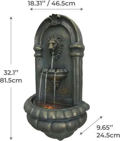 Teamson Home 32.1 in. Wall-Mounted Lion Head Stone LED Outdoor Water Fountain for Gardens, Landscaping, Patios, Balconies, Lawns to Create a Calming Oasis in Outdoor Living Spaces, Antique Bronze