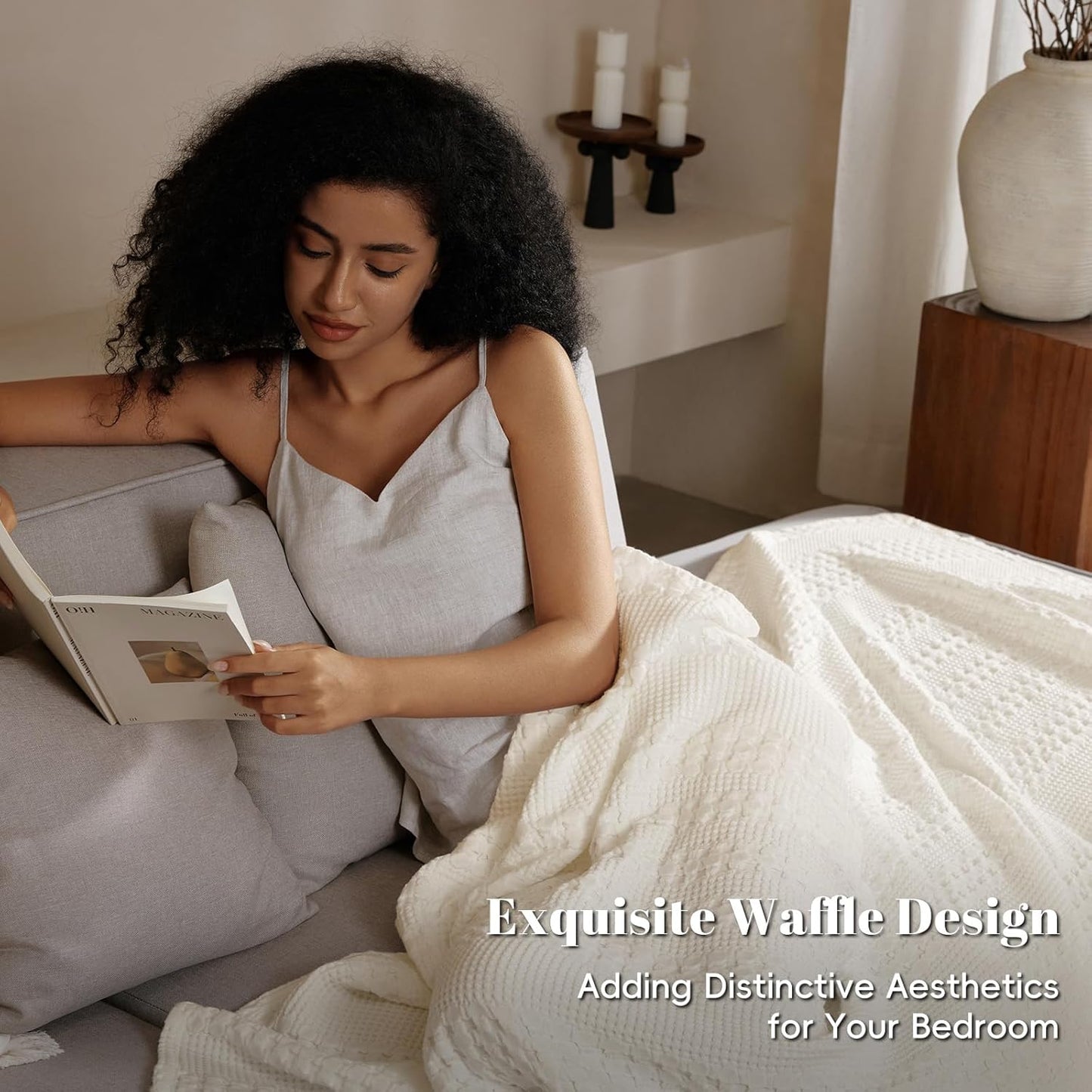 PHF 100% Cotton Waffle Weave Blanket Queen Size, Soft Lightweight Breathable Cozy Summer Blankets for Bed, Luxury Aesthetic Woven Bedding for Home Decor, 90"x90", Ivory