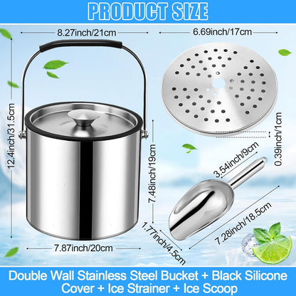meekoo 4 L Double Wall Insulated Stainless Steel Ice Bucket with Lid, Scoop, Strainer, Handle Large Wine Ice Bucket Upgraded Cover Keep Frozen Longer for Cocktail Bar Parties(Silver)