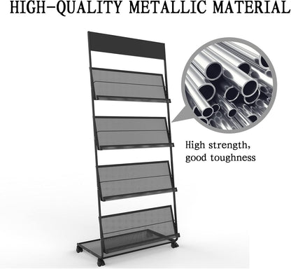 TONGMO Magazine Rack: Floor-Standing 4-Layer with Wheels, Brochure Display Stand, High-hardness metal for Exhibitions, Office, and Any Organization Requiring Information Display(Black)