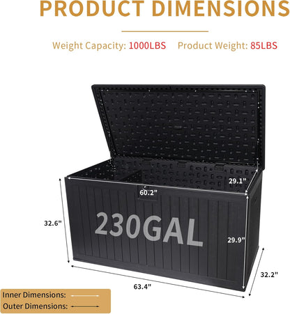 200 Gallon Outdoor Storage Box Waterproof, Extra Large Plastic Outside Deck Box Weatherproof, Resin Patio Storage Bin with Lock and Lids for Patio Cushions, Black