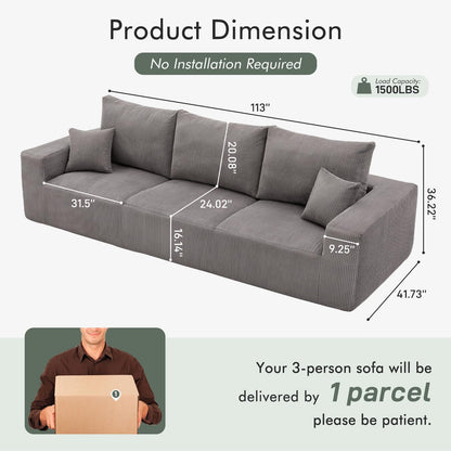 Boneless Cloud Couch Sofa for Living Room, 112" 3 Seater Grey Modern Lounge Sleeper Couch, No Assemble, Cordury Compression Upholstered Couches