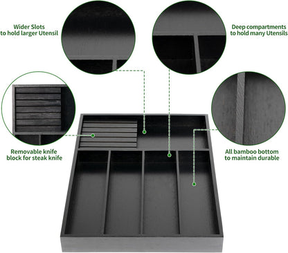 VaeFae Bamboo Silverware Organizer, Utensil Holder for Drawer, Wooden Cutlery Tray with Divider for Kitchen Drawer, Utensil Organizer with Knife Block（Black）