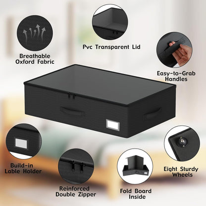 Underbed Storage Bins with Wheels, No Assembly Required - 7.5 inch height Black Large Capacity Rolling Underbed Containers for Shoes, Dorm under bed storage drawers