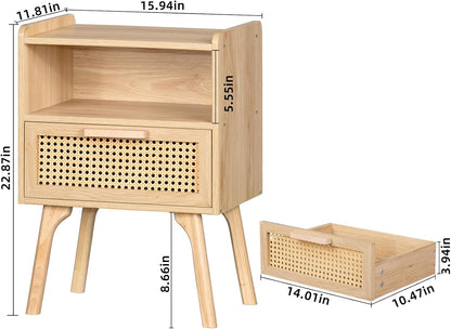 Lerliuo Rattan Nightstands Set of 2, Boho Side Table with Drawer Open Shelf, Cane Accent Bedside End Table with Solid Wood Legs for Bedroom, Dorm and Small Spaces (Natural)