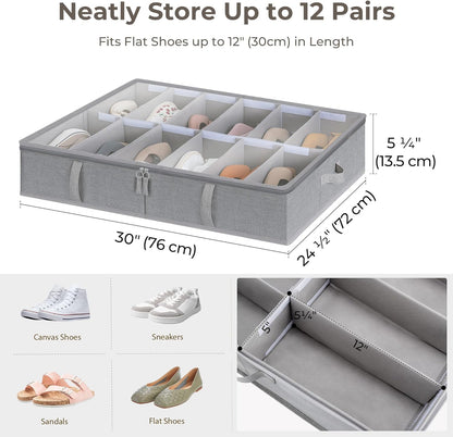 StorageWorks Under Bed Shoe Storage Organizer, Underbed Shoes Container with Adjustable Dividers, Shoe Storage Basket with Cover, Grey, 2-Pack, Space-Saving Shoe Box Fits up to 24 Pairs