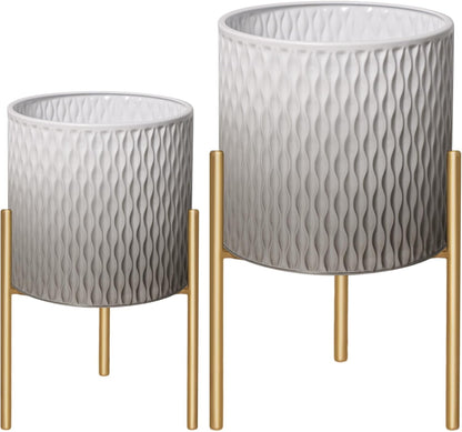 ARNIS Plants Pots with Stand,Set of 2 Flower Pots, Unique Mid Century Decorative Metal Flower Pots with Drainage,10.5&12.25 Inch, Grey and White