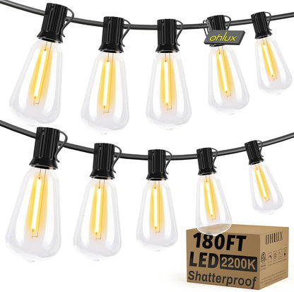 OHLUX Exterior Hanging Lights,180FT Connectable Outside Patio Lights with 94 Shatterproof ST38 LED Vintage Bulbs,2200K Connectable & Waterproof for Deck Porch Bistro Gazebos Balcony Pool(120FT+60FT)