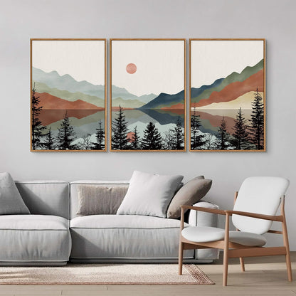 Tinonedraw Boho Mountain Framed Canvas Wall Art Set, Watercolor Nature Landscape Wall Decor, Black Pine Trees Forest Artwork, Neutral Modern Sunrise Art Prints for Living Room Bedroom Office 24"x36"x3