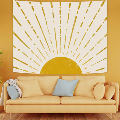 Kanuyee Gold Boho Burning Sun Tapestry Wall Hanging, Retro 70s Abstract Vintage Geometric Line Sunrise Tapestries for Bedroom Living Room Backdrop 60×80 inch