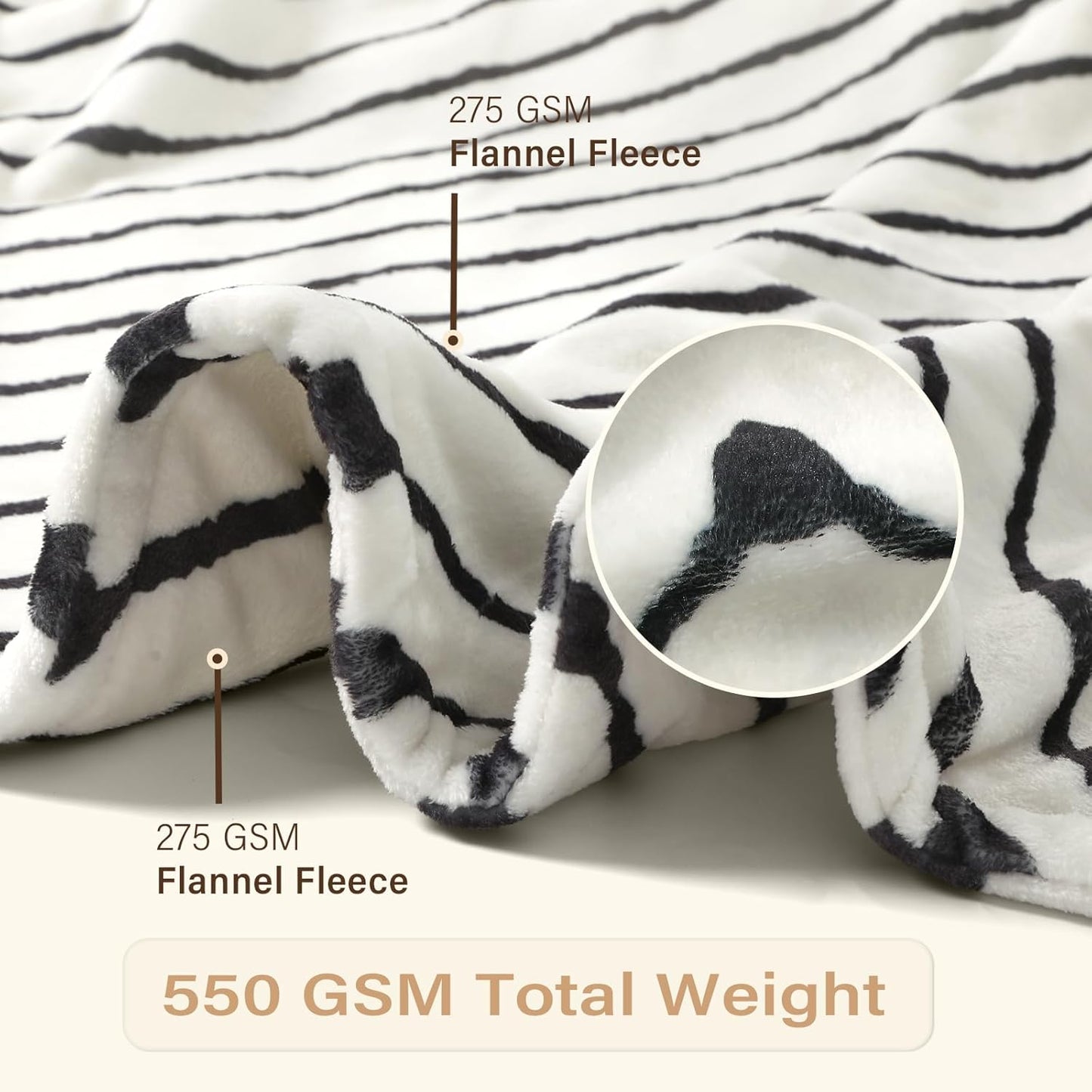 Lahome Boho Fleece Throw Blanket Black White Striped Fluffy Bed Throws Soft Cozy Warm Fuzzy Throw Blanket Reversible Blankets for Couch Sofa, Off White 50''x60''