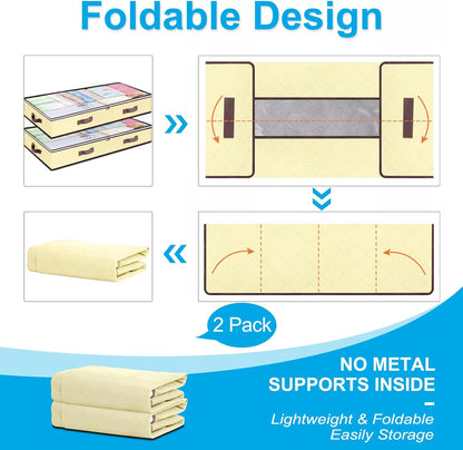 90L Under Bed Storage Containers, Underbed Toy Organizers and Clothing Storage Bags, Closet Storage Bins with Clear Window for Organizing Blanket Comforter Bedding Clothes Bedroom Dorm, 2 Pack Beige