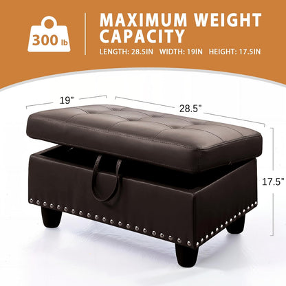 Ottoman Rectangular Storage Ottoman Bench, Faux Leather Footrest, Coffee Table, Stool Footstool with Hinged Lid for Living Room, Bedroom, Entryway, Brown, 28.5"x19"x17.5"
