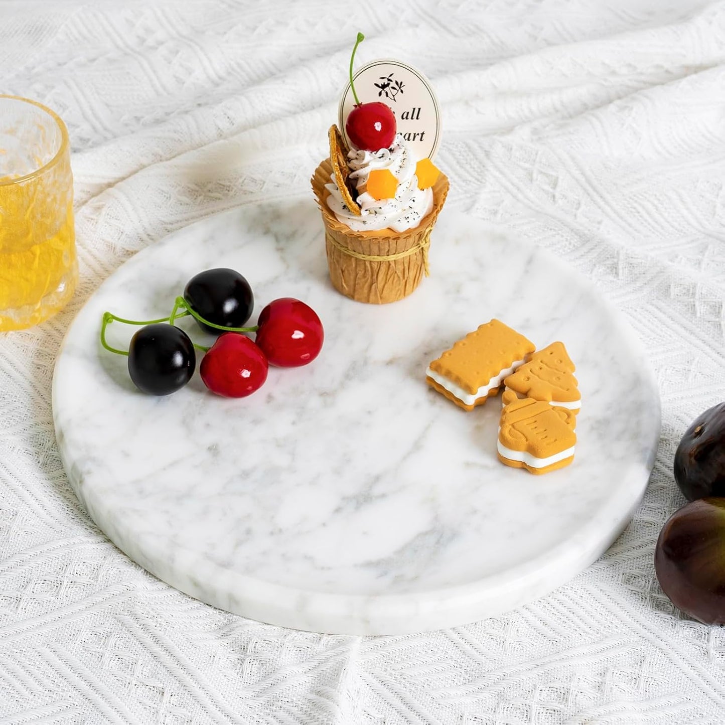 Natural Round Marble Tray - Luxury Decorative Serving Tray for Coffee Table, Bathroom Vanity, Dresser & Kitchen Countertop - Stone Organizer for Jewelry, Perfume, Candle, Home Decor -Arabescato