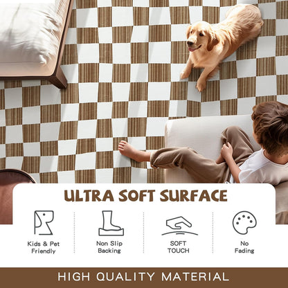 jinchan 2x3 Kids Area Rug Washable Indoor Entryway Doormat Modern Checkered Geometric Lattice Small Rug Non Slip Soft Carpet for Nursery Room Bedroom Bathroom Home Brown