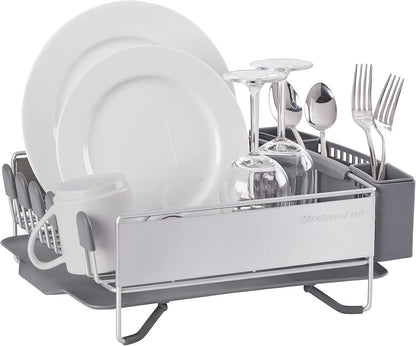 KitchenAid Compact Space Saving, Dish Rack with Removable Flatware Caddy and Angled Self Draining Drainboard, Satin Gray, 15-Inch-by-13.25-Inch