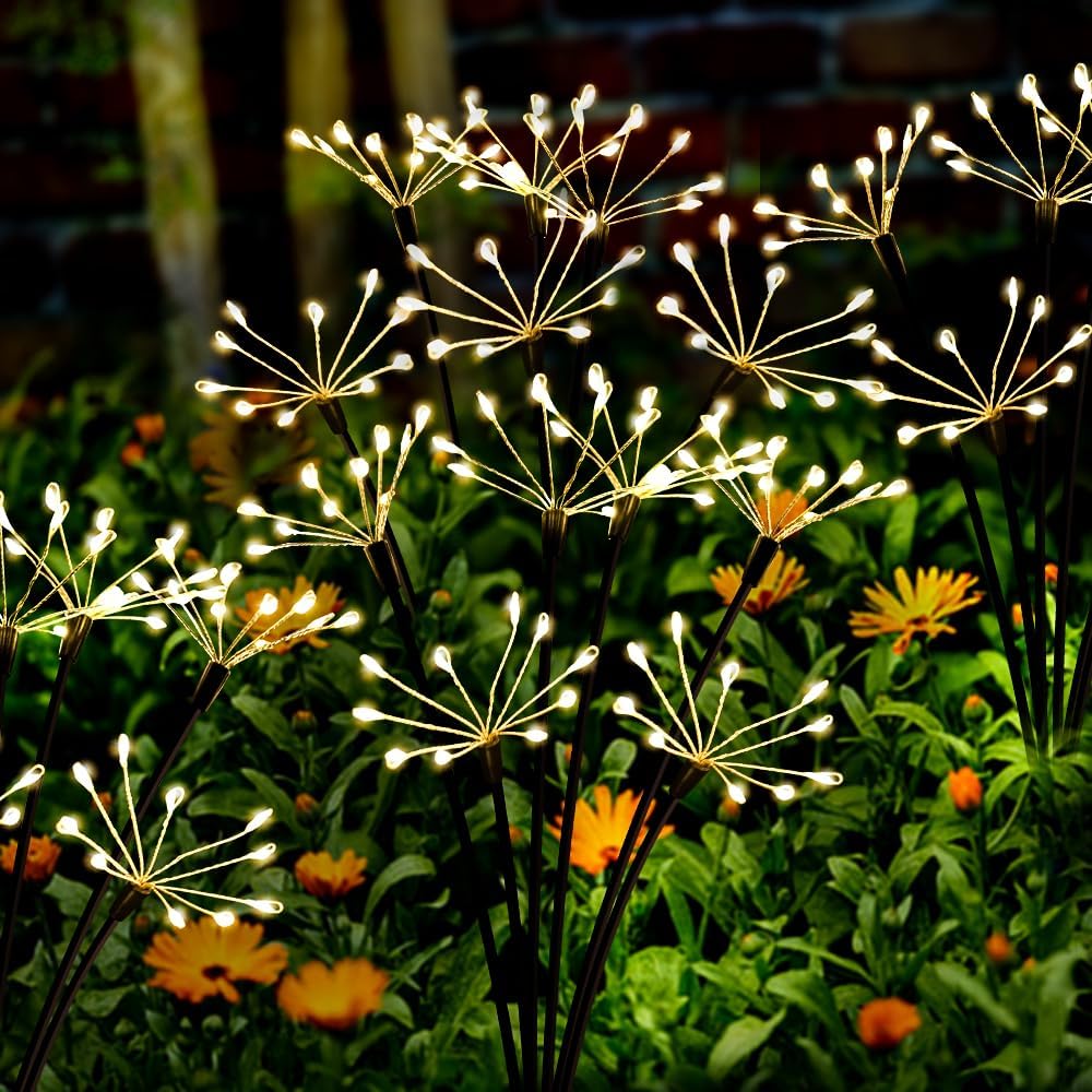 Solar Garden Lights 2 Pack Twinkling Solar Firework Lights with 2 Modes 120LED, Solar-Powered Light for Outside Yard Pathway Garden Decor Outdoor Waterproof, Gardening Gifts for Women Mothers Day,Warm