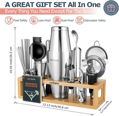 HMYBAR® Mixology Bartender kit | Cocktail Shaker Set | Boston Shaker Set, 20/28 OZ | Martini Making Set for Home Bar.Total 31 pcs incl 39-Recipe Cocktail Cards. Silver Tools. Bamb Stand Natural Color
