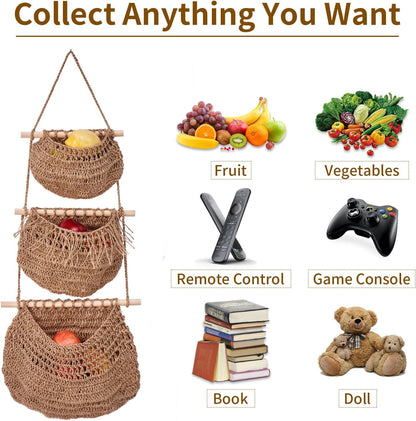 Hanging Fruit Baskets for Kitchen 3-Tier Handmade Bohemian Wall Baskets for Organizing & Decorating Living Room Bedroom Wall Hanging Basket for Onion Storage & Fruit Storage