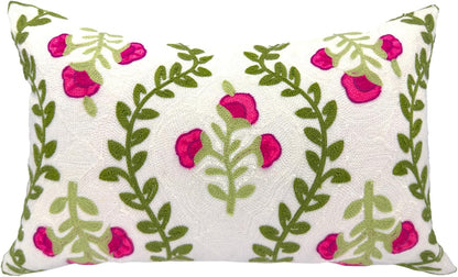 Alysheer Flower Embroidered Summer Decorative Lumbar Throw Pillow Cover 12"x 20", Farmhouse Cottage Hot Pink Floral Green Leaves Patterned Cotton Canvas Cushion Case for Sofa Couch Bed Living Room