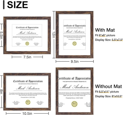 Vittanly 8.5x11 Picture Frames Set of 9, Shatter Resistant Plexiglass, Display 6x8 Pictures with Mat or 8.5x11 without Mat, Photo Frames for Wall or Tabletop, Engineered Wood, Brown