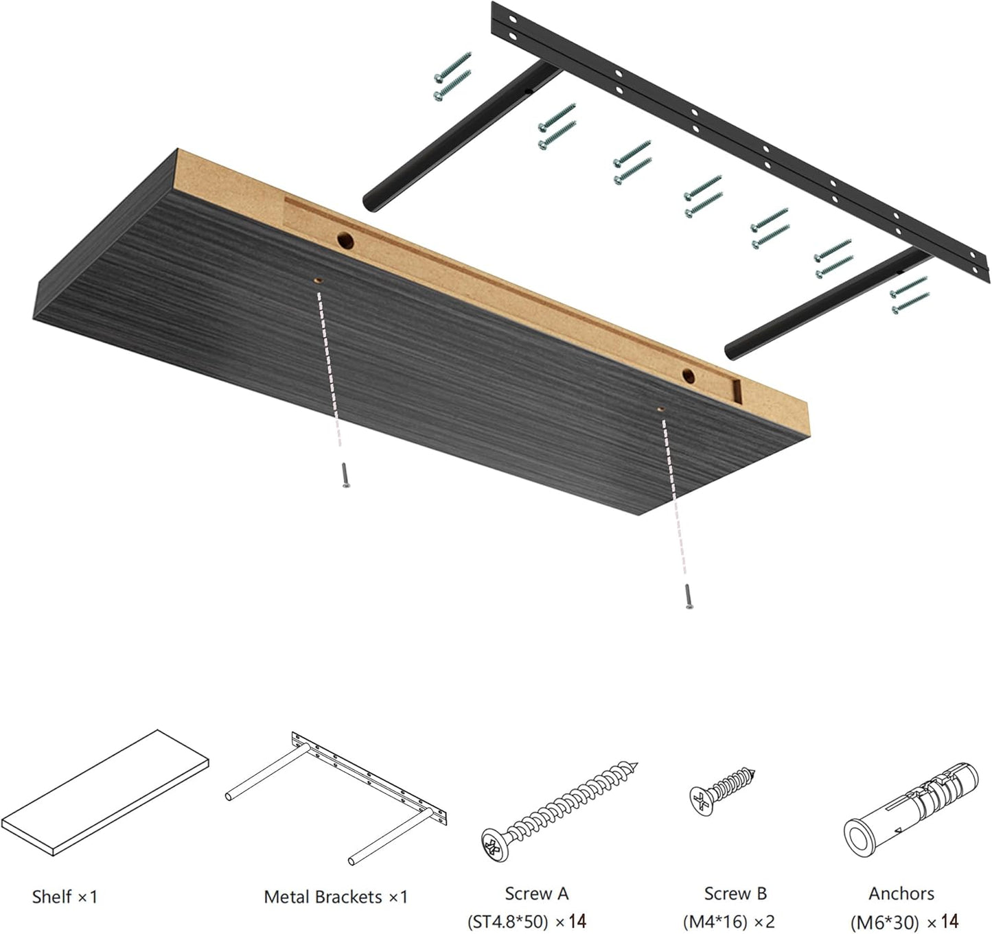 Large Floating Shelves for Wall Set of 3 Wooden Wall Shelves 36 in x 12.75 in x 2 in Room Decor Long Shelf with Invisible Wall Mount Bracket for Bedroom Kitchen Living Room Black Wood
