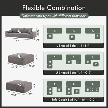 Boneless Cloud Couch Sofa for Living Room, 112" 3 Seater Grey Modern Lounge Sleeper Couch, No Assemble, Cordury Compression Upholstered Couches