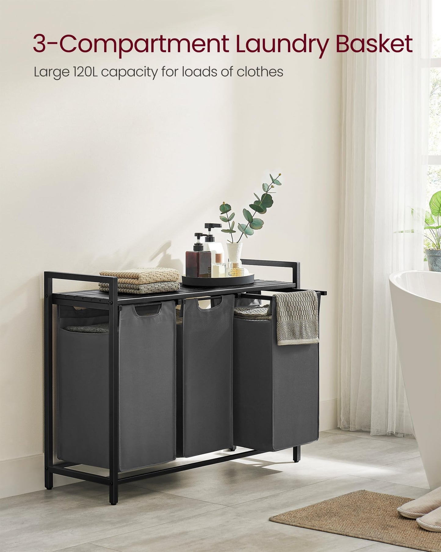 VASAGLE Laundry Hamper, Laundry Basket, Laundry Sorter with 3 Pull-Out and Removable Bags, Shelf