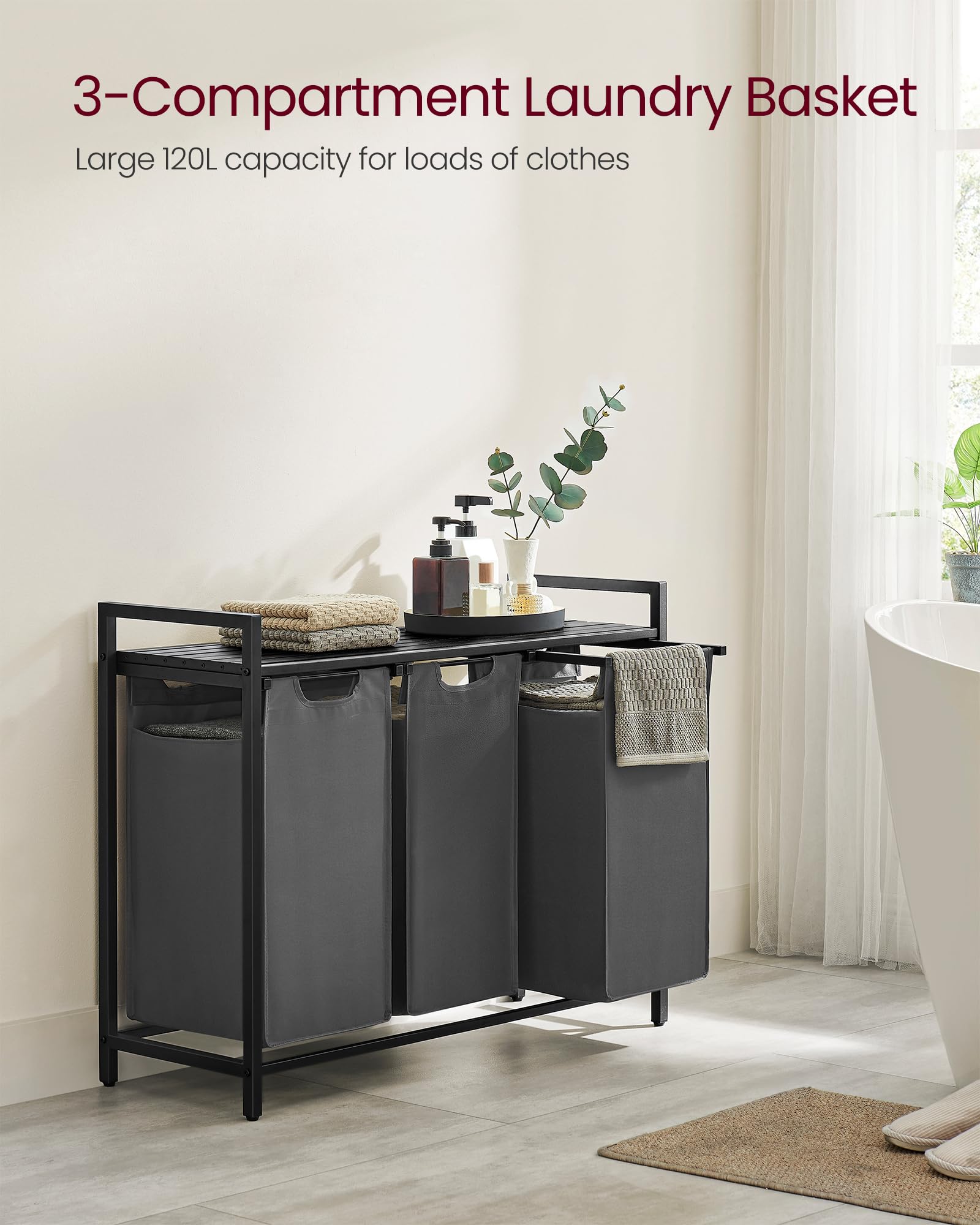 VASAGLE Laundry Hamper, Laundry Basket, Laundry Sorter with 3 Pull-Out and Removable Bags, Shelf