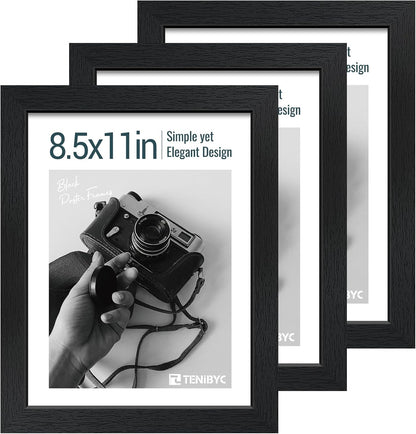 8.5x11 Picture Frame Set of 3 - Black Woodgrain, Solid Wood & HD Tempered Glass, Table Display or Wall Hanging