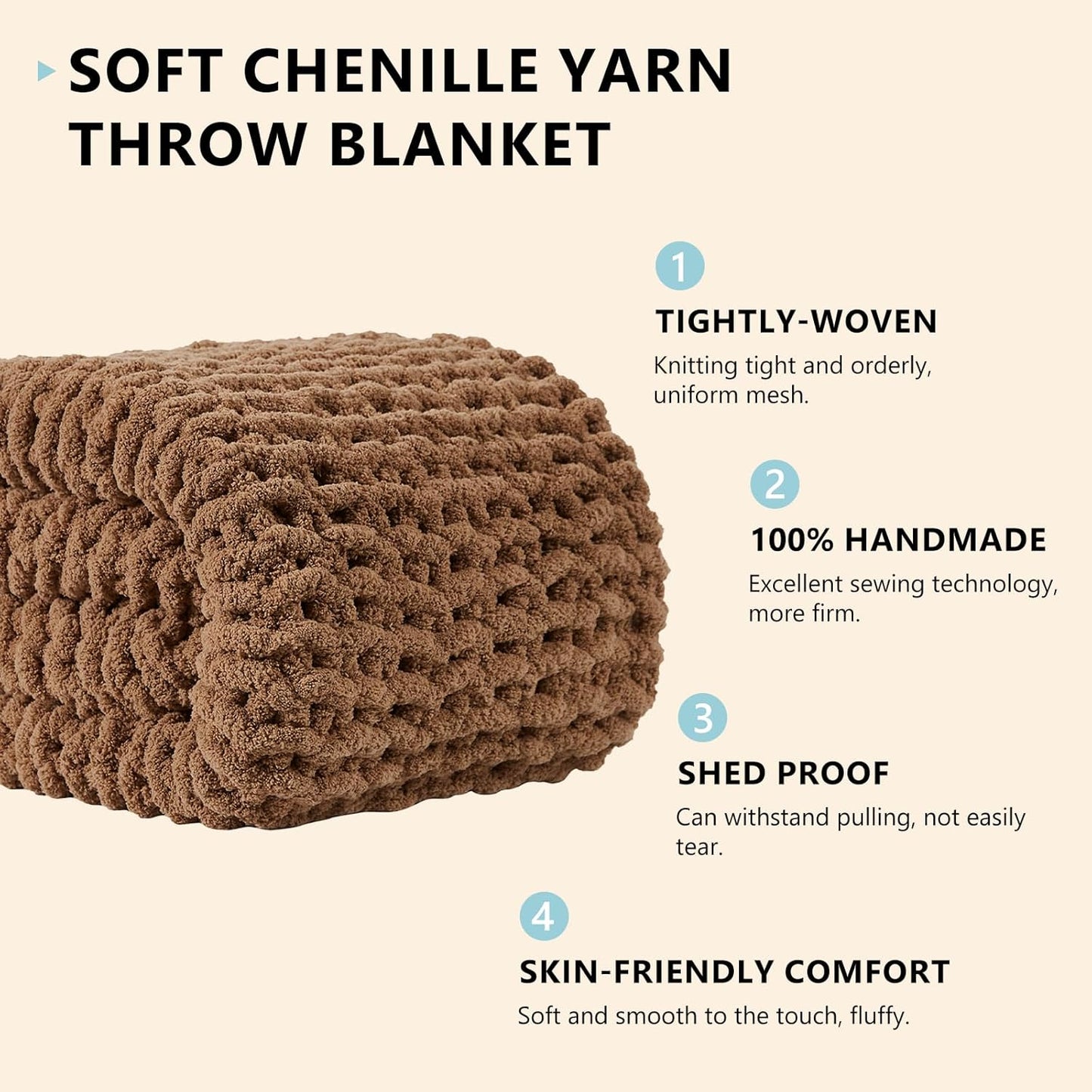 L'AGRATY Chunky Knit Blanket Throw - Soft Chunky Throw Blanket 30x40 inches: 100% Hand Kintted Chenile Crochet Throw Blanket for Couch - Large Cable Knit Chunky Blanket for Home Decor(Brown)