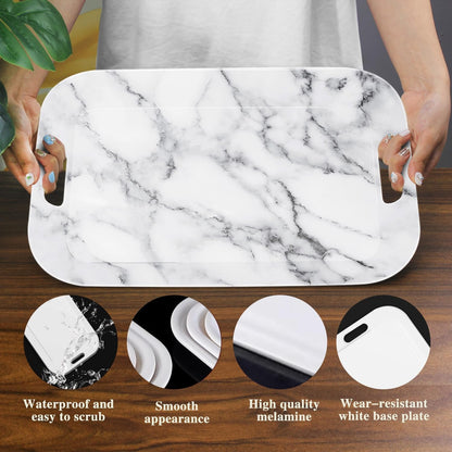 Serving Trays with Handles, 14.5 x 9.8 inch Rectangular Plastic Tray for Restaurant, Kitchen, Gray White Marble