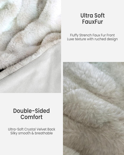 Faux Fur Blanket, Throw Blanket for Couch, Fluffy Blanket with Stretch Ruched Design, Ultra Soft Giftable Home Decor, 50x60 inches, Tie-Dyed in White and Gray