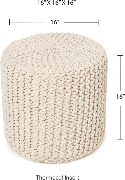 REDEARTH Cylindrical Hand Knitted Pouf - Foot Stool Ottoman - Cord Boho Pouffe - Cotton Round Poof for Home Decor - Living Room - Nursery - Bedroom - Patio (16" x 16" x 16") - Ivory