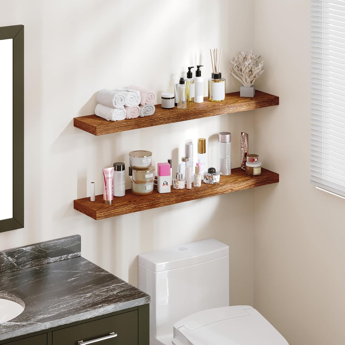 BAMEOS Floating Shelves, American Oak Wall Mounted Wooden Shelves with Invisible Brackets Set of 2, Hanging Wall Shelves Decoration for Bedroom, Bathroom, Living Room and Kitchen