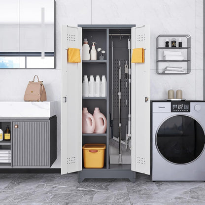 Locking Cabinet,Metal Storage Cabinet with Doors and Shelves,Broom Closet Storage Cabinets for Bedroom,Home Office,Grey-White