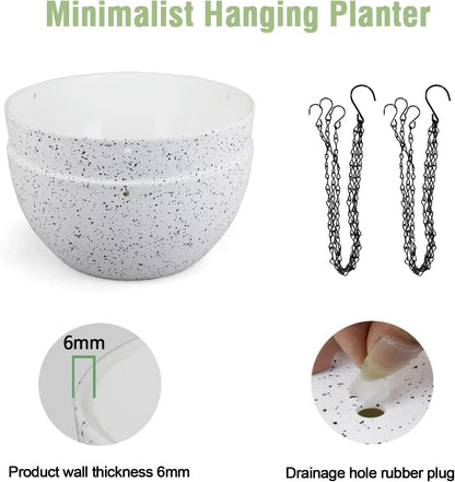 10 inch Hanging Planters for Indoor Outdoor Plants, 2 Pack Hanging Flower Pots with Drainage Holes and Chain for Garden Porch, Plastic Hanging Baskets for House Plants, Speckled White
