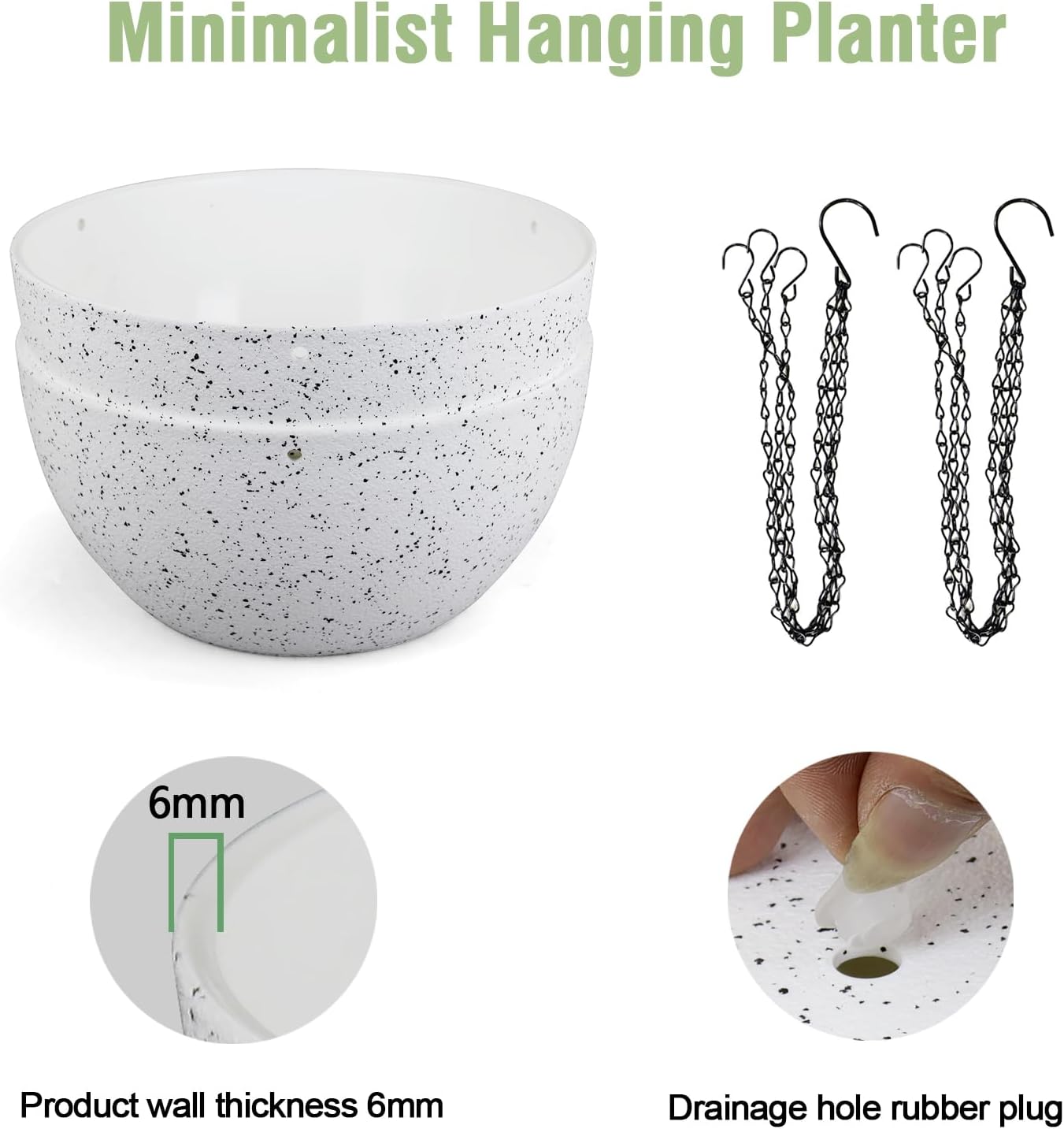 8 inch Hanging Planters for Small Indoor Outdoor Plants, 2 Pack Hanging Flower Pots with Drainage Holes and Chain for Garden Porch, Plastic Hanging Baskets for House Plants, Speckled White