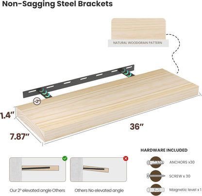 Light Wood Floating Shelves 36”x 8”x 1.4” Book Shelf Floating for Wall Mounted, Heavy Duty Shelf Hold 80 lbs, Unfinished Rustic Wall Shelves for Bedroom, Living Room, Kitchen, Office, Laundry Room