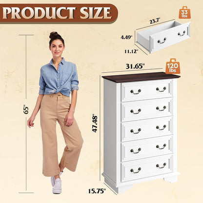 WLIVE Farmhouse Dresser for Bedroom, Wood Dresser with 5 Drawer, Chest of Drawers with Roman Metal Handle for Living Room, White