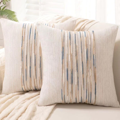 Boho Throw Pillow Covers 18x18 Set of 2 Farmhouse Decorative Cushion Case Striped Square Pillows Cover Chenille Pillow Cases Accent Neutral Pillowcase for Sofa Couch Bed,Yellow-Blue