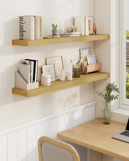 Marsmiles 36" Floating Shelves for Wall, Wooden Shelves with Invisible Brackets Set of 2, Rustic Farmhouse Wall Mounted Shelf for Kitchen Bathroom Living Room Study, Natural Oak