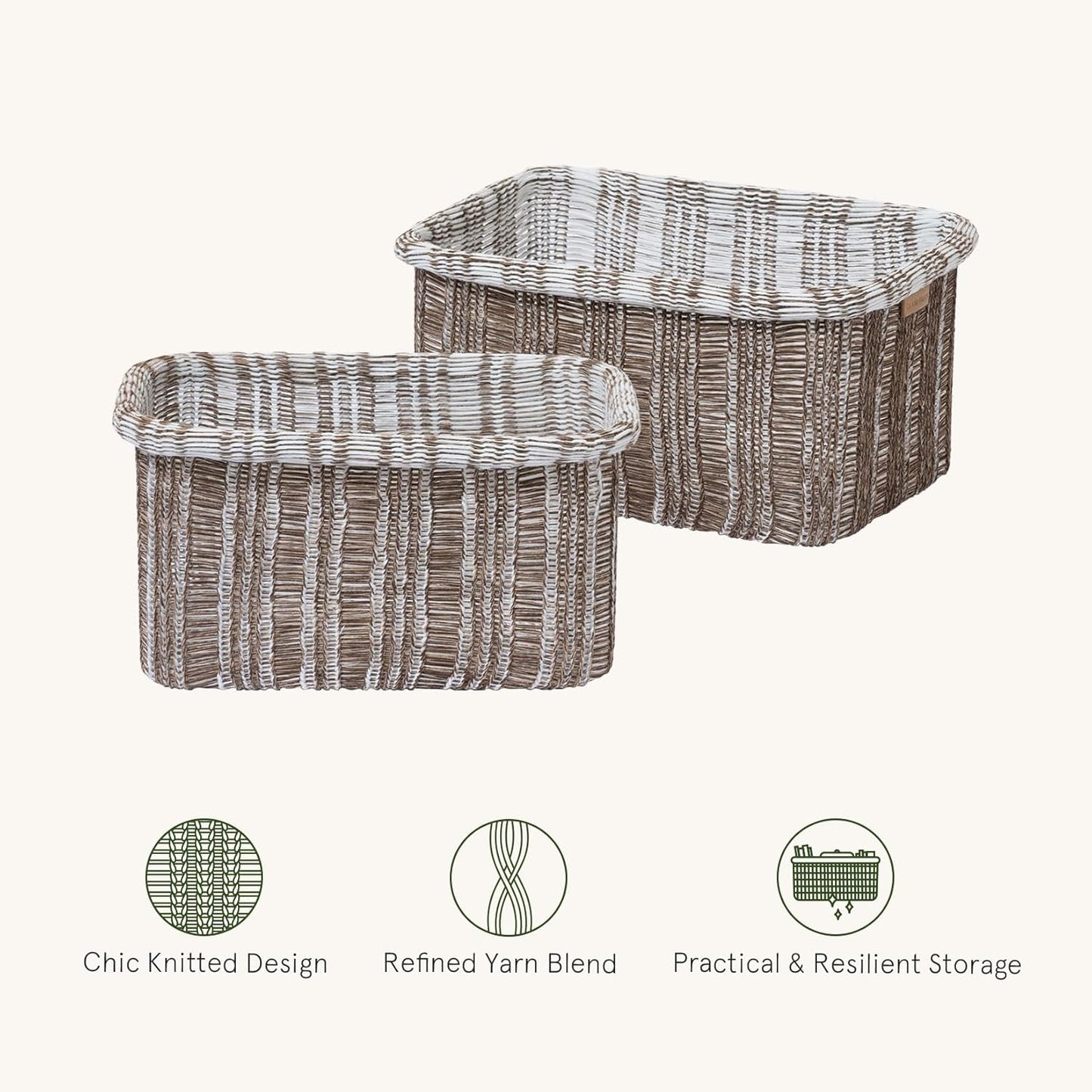 La Jolie Maison Blended Fabric Storage Baskets Set of 2, Rectangle Knitted Baskets for Organizing, Boho Decorative Baskets, Unique Design, Durable Finish, Mocha