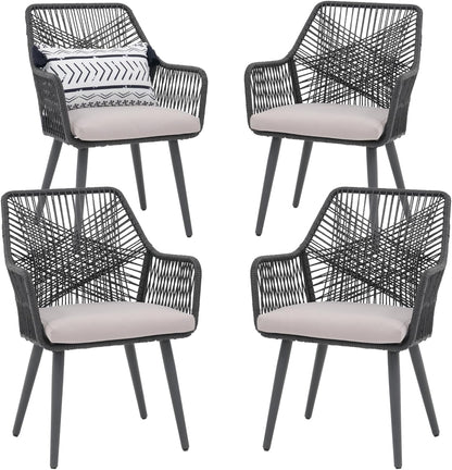 Patiorama Patio Dining Chair Set of 4, Woven Rope Outdoor Dining Chairs w/Steel Frame, All-Weather Twisted Rattan Chairs w/Armrest & Cushion, Outdoor Dining Wicker Chairs for Backyard Garden(Black)